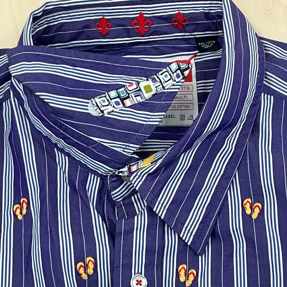 Robert Graham Shirt Mens 3XL Navy Blue Striped Flip Flop Embroidered Classic NWT - Picture 10 of 11